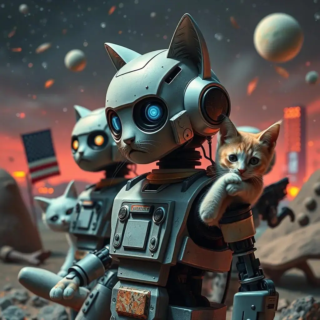 Image with seed 1297122390 generated via AI Horde through @aihorde@lemmy.dbzer0.com. Prompt: misprogrammed bots making surrealistic space for violence in America -- now with kitties!