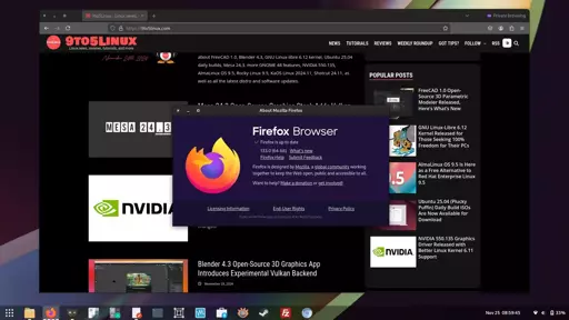 Screenshot of Mozilla Firefox 133 showing the 9to5linux.com website and the About Mozilla Firefox dialog.