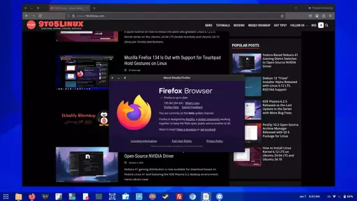 Screenshot of Firefox 135 beta showing the 9to5linux.com website and the About Mozilla Firefox dialog.